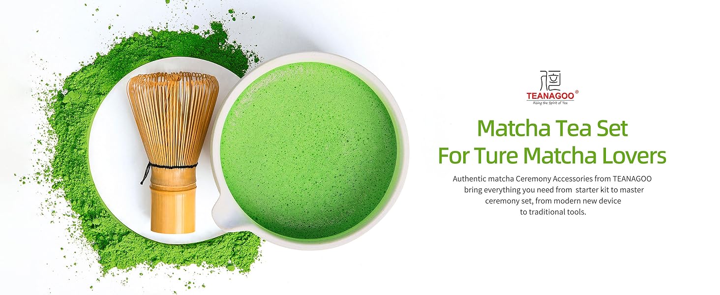 A matcha set and matcha powder on a dark tabletop, featuring TEANAGOO brand logo.