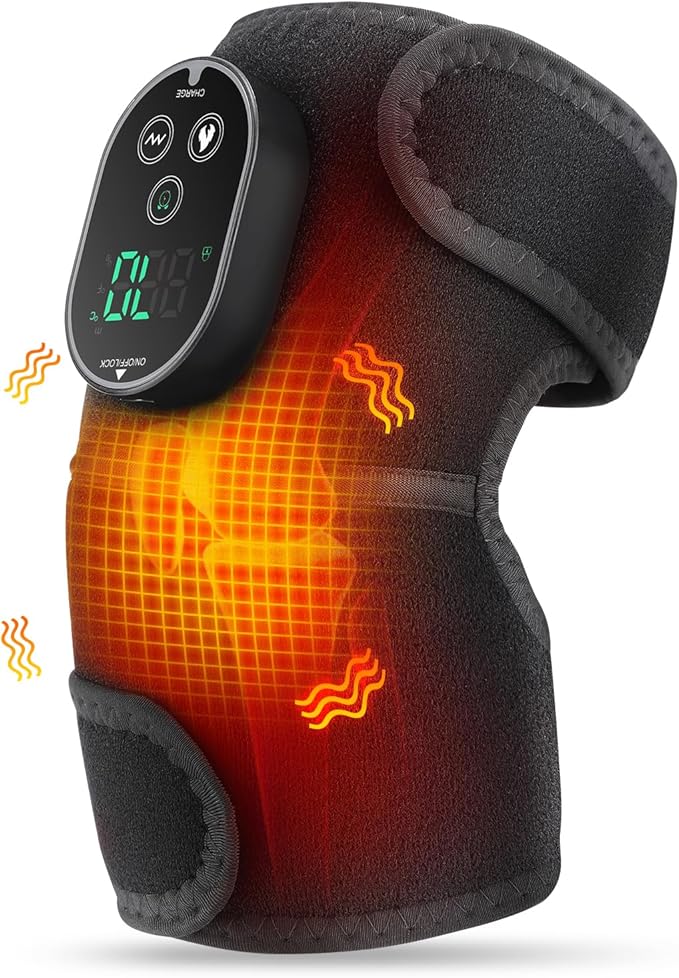 Cordless Heated Knee带振动功能的按摩器，符合 FSA 标准，加热护膝带，加热护肩带，适用于膝盖肘部，加热垫具有 6 个加热级别，3 种按摩模式和计时器（黑色）