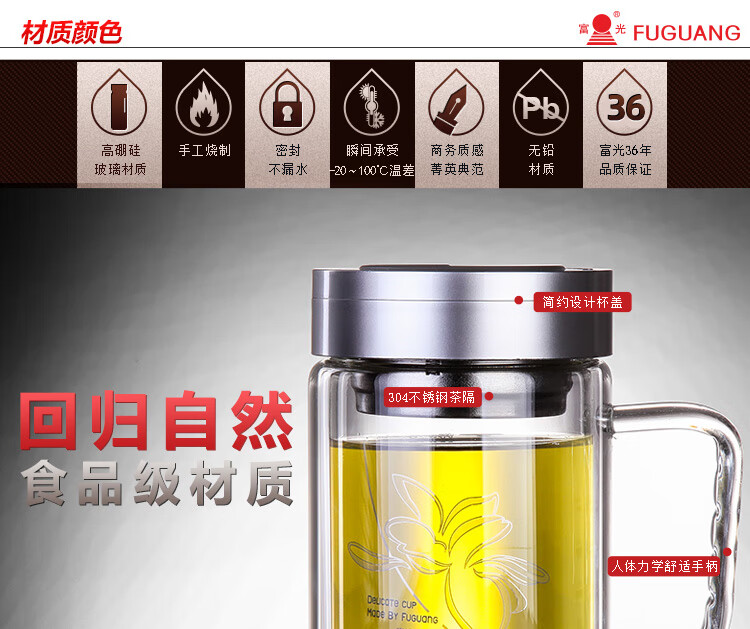 富光 健牌双层玻璃杯茶杯办公杯带把 大容量男女水杯子 525ml