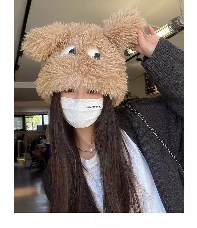 中国 FOXTAIL 毛绒卡通小狗搞怪帽子 秋冬女日系帽 可爱加厚保暖情侣/姐妹套头帽 雷锋帽 蓝色 1个 |*预计到达时间3-4周