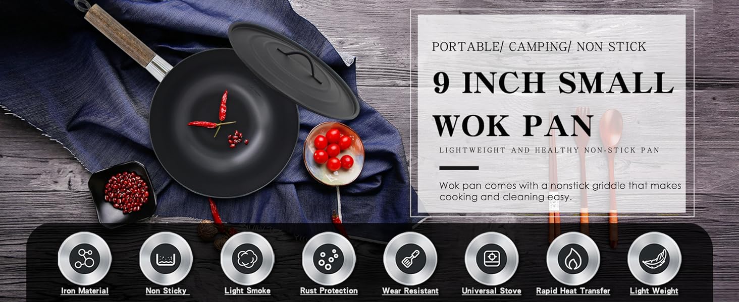 Non-Stick Cast Iron Wok Small Wok Pan with Iron Lid Wodden Handle 9" Mini Wok