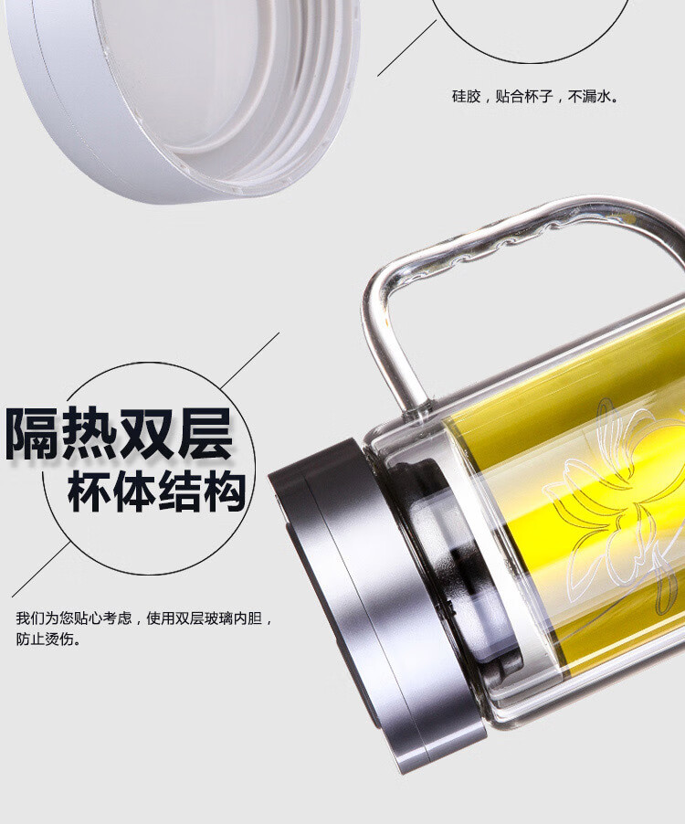 富光 健牌双层玻璃杯茶杯办公杯带把 大容量男女水杯子 525ml