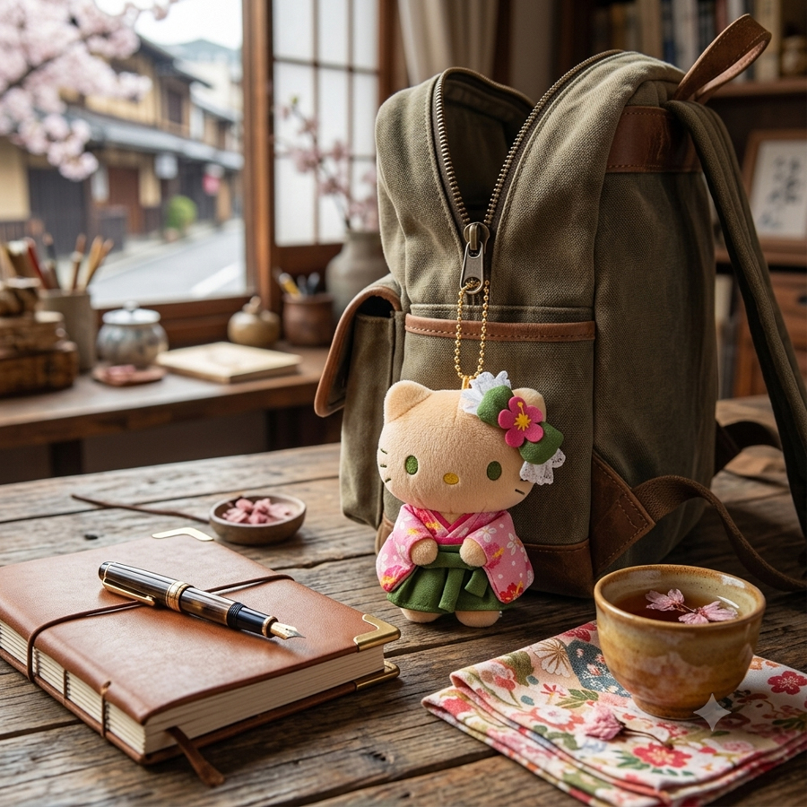 【Expédition directe du Japon】 Sanrio Japon Hello Kitty Couleur de peau de blé Série de kimonos matcha Poupée en peluche porte-clés pendentif 1 pièce