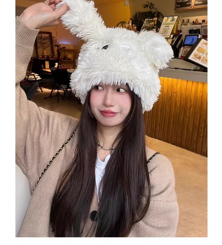 中国 FOXTAIL 毛绒卡通小狗搞怪帽子 秋冬女日系帽 可爱加厚保暖情侣/姐妹套头帽 雷锋帽 蓝色 1个 |*预计到达时间3-4周