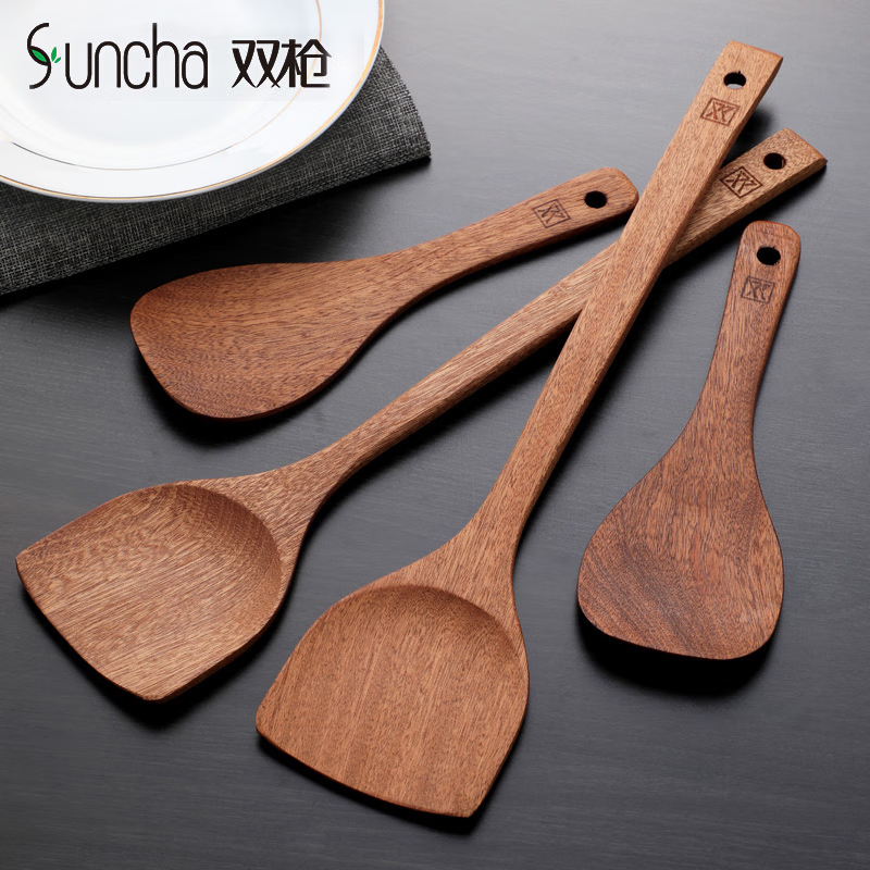 双枪 乌檀木铲子不粘锅用长柄炒菜铲无漆无腊乌檀木锅铲9.2*39cm