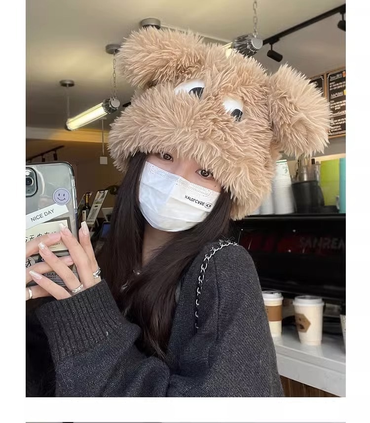 中国 FOXTAIL 毛绒卡通小狗搞怪帽子 秋冬女日系帽 可爱加厚保暖情侣/姐妹套头帽 雷锋帽 蓝色 1个 |*预计到达时间3-4周