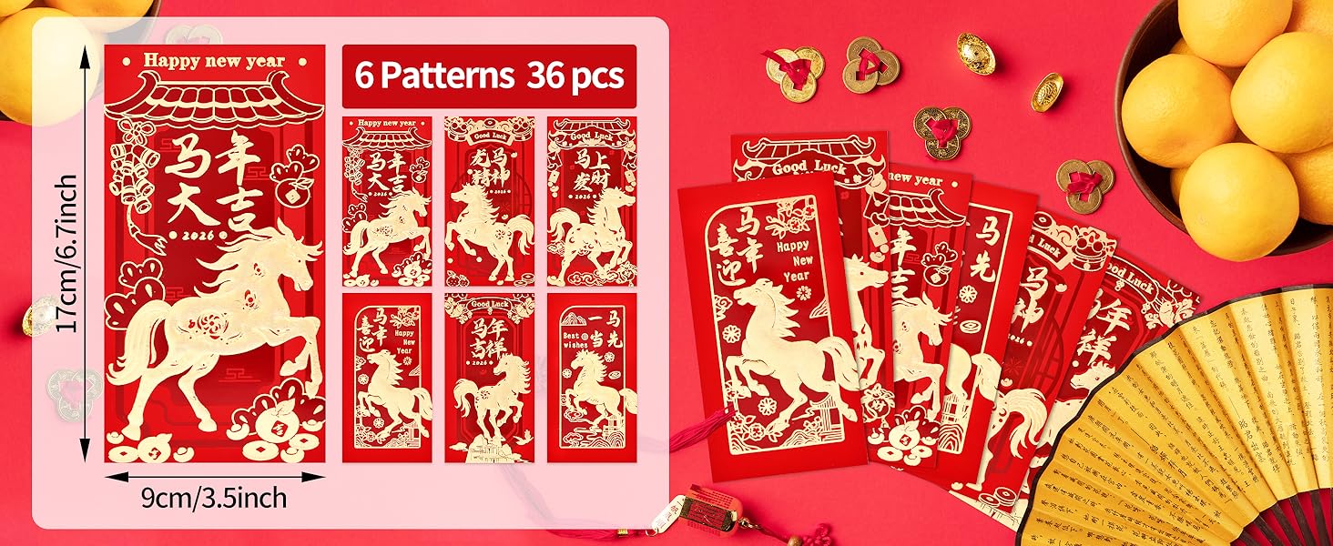6 Patterns 36 Pcs Lunar New Year Red Envelopes 2026