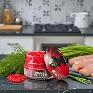 A rustic wooden table with the product displayed alongside various fresh seafood ingredients.