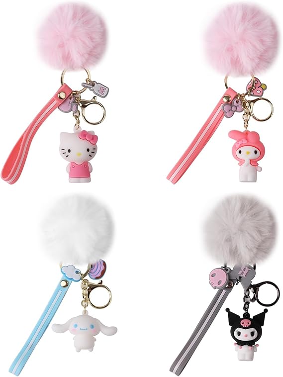 SAIDIC Cute Keychains,Keychain Gift with Plush Ball,Key Chain Accessories Wristlet Cartoon Keychain,Ornament Accessory for womens Handbag,Carkey(4pack)