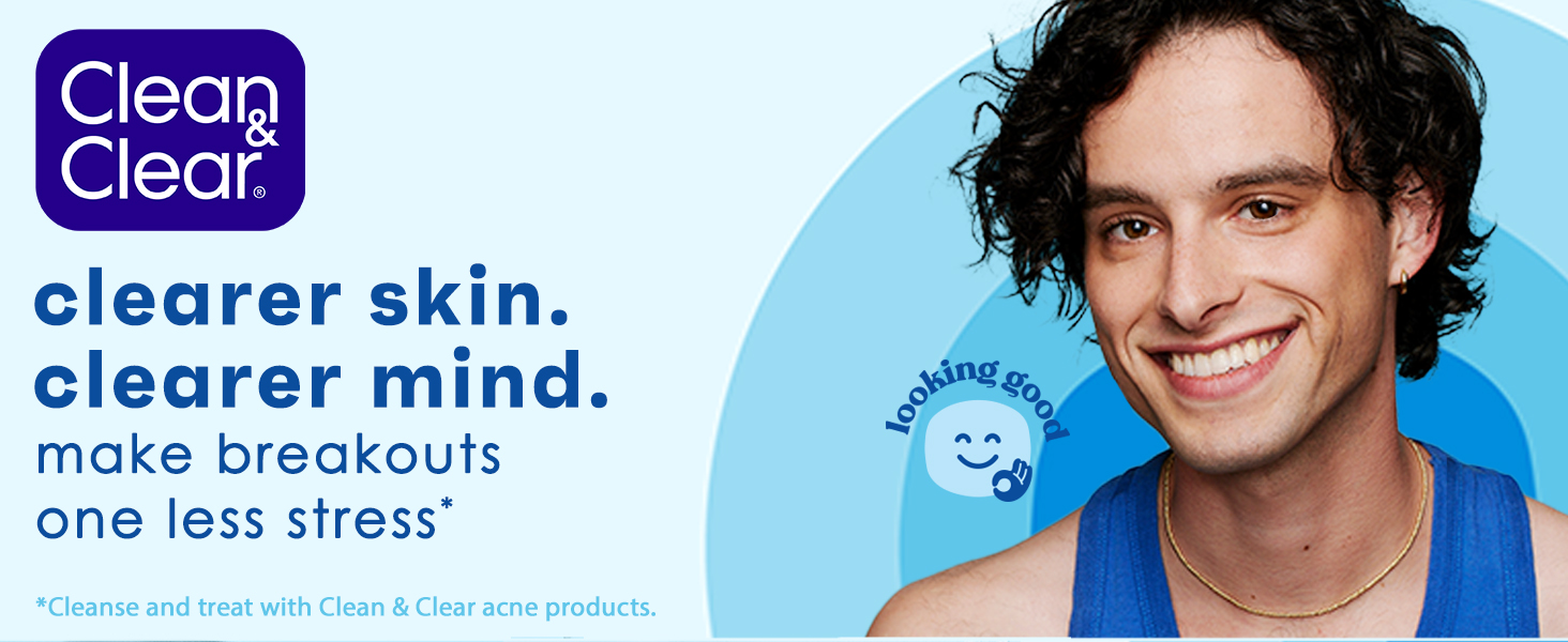 Person smiling with clearer skin and clearer mind on light blue background with clean & clear logo