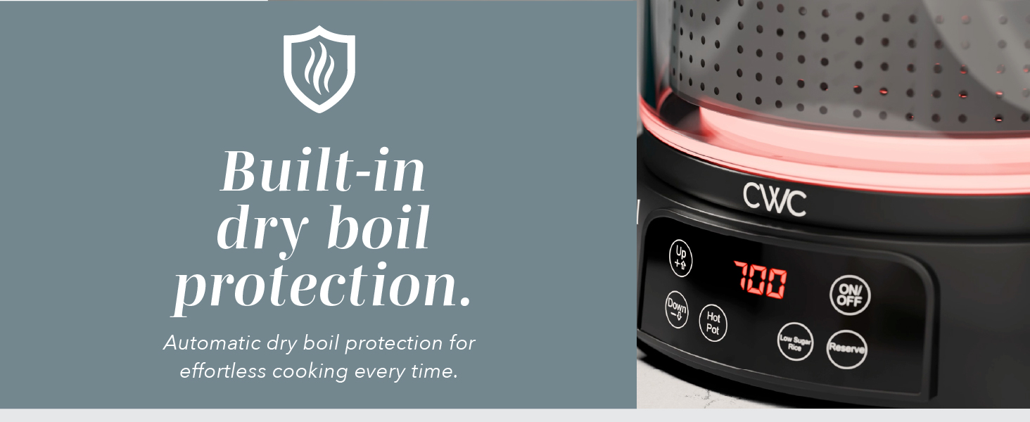 Rice cooker with built-in dry boil protection ensures safe, reliable, and efficient cooking.
