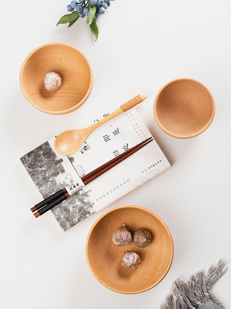  素觅 MUJI风【饭碗汤碗12cm】 整木制手工打磨  日式木制  品质生活