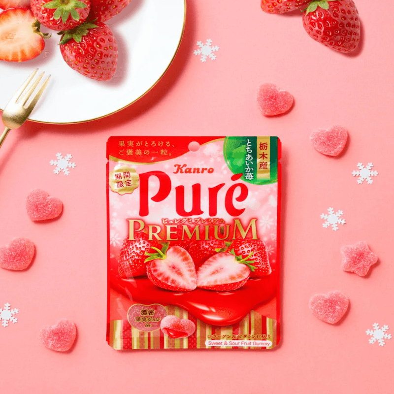 【日本直邮】 日本 KANRO pure高级系列 最新款期间限定果汁弹力夹心糖  栃木县草莓软糖 54g