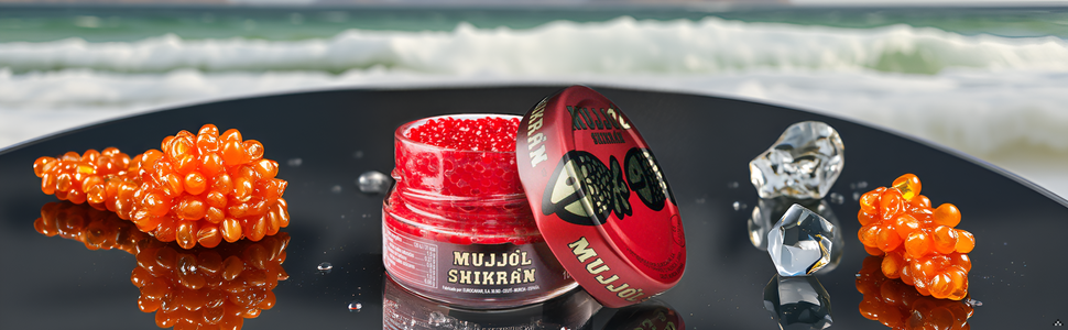 A rustic wooden table with the product displayed alongside fresh herbs and spices.