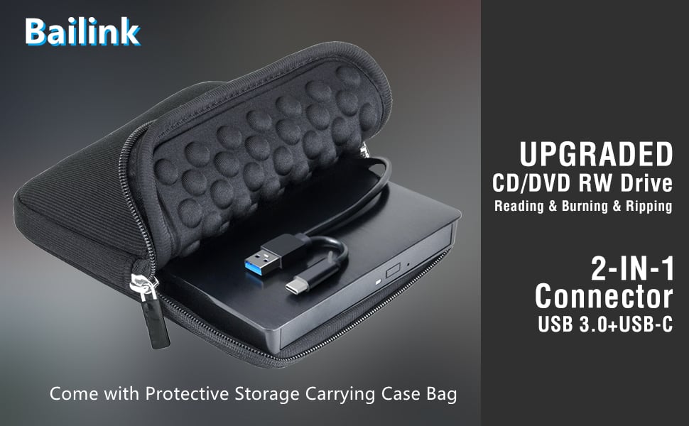 外置 CD DVD +/-RW 驱动器 USB 3.0 和 USB-C CD 刻录机 DVD 播放器读写器光盘驱动器 wi