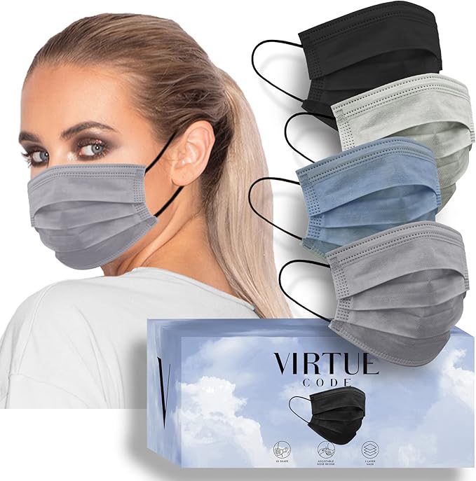 VIRTUE CODE Priority Face Masks - Soft 3 Ply Comfort Face Masks, Colorful Disposable Face Mask 50 Pack. Storm Colored Masks. Adults Mens and Womens Disposable Face Masks