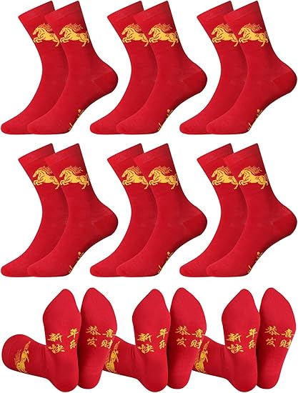 Velmitten 6 雙裝 2026 中國新年禮物 紅色幸運馬 棉質船襪 春季節日襪子 男女通用