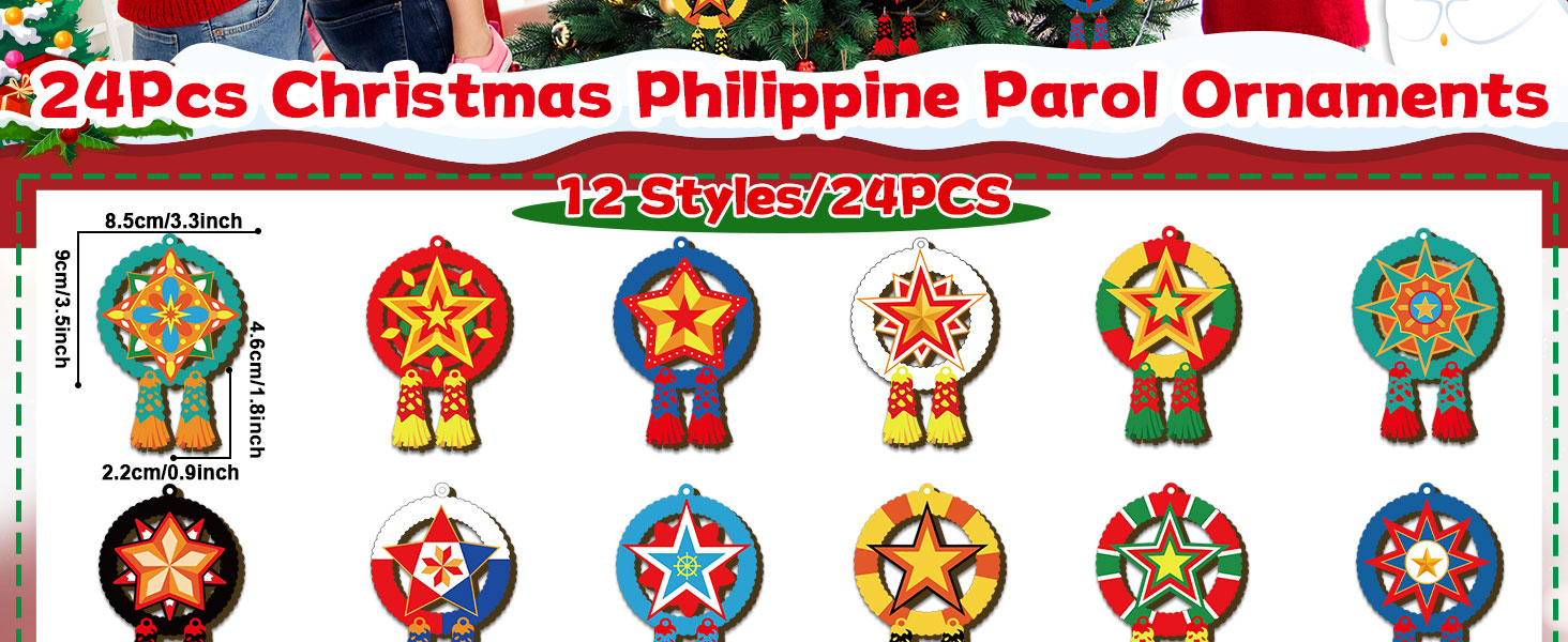 24件菲律宾圣诞装饰品传统卡皮兹星木吊坠圣诞礼传统卡皮兹星形圣诞树装饰礼品木制装饰品- 亚米, image size:1464x600