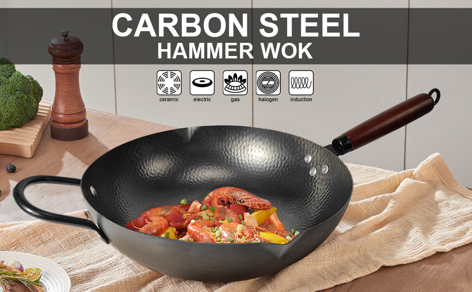  Elevate your culinary adventures with the FNT Carbon Steel Wok Pan with Double Spouts! 