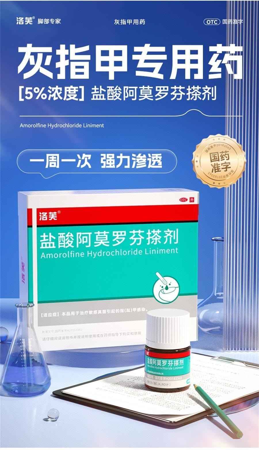 【中國直郵】 洛芙 鹽酸阿莫羅芬搽劑 灰指甲灰指甲抗菌液抑菌阿羅莫芬 5%*2ml/1盒