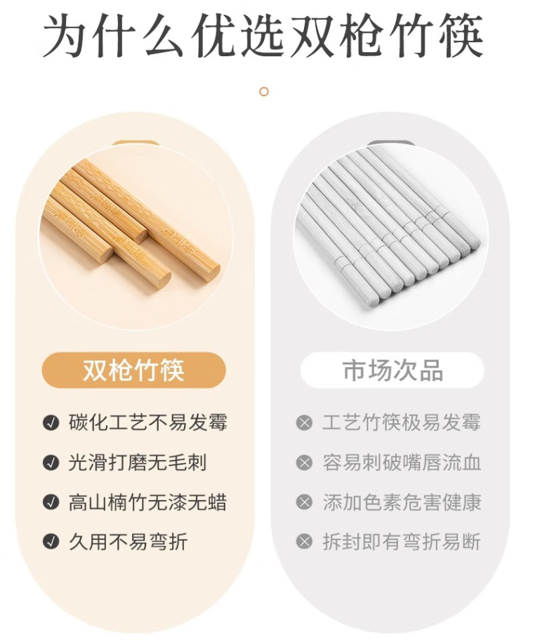 双枪 无漆竹筷竹制火锅筷捞面筷加长30厘米5双装