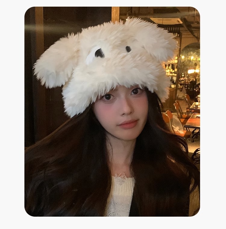 中国 FOXTAIL 毛绒卡通小狗搞怪帽子 秋冬女日系帽 可爱加厚保暖情侣/姐妹套头帽 雷锋帽 蓝色 1个 |*预计到达时间3-4周