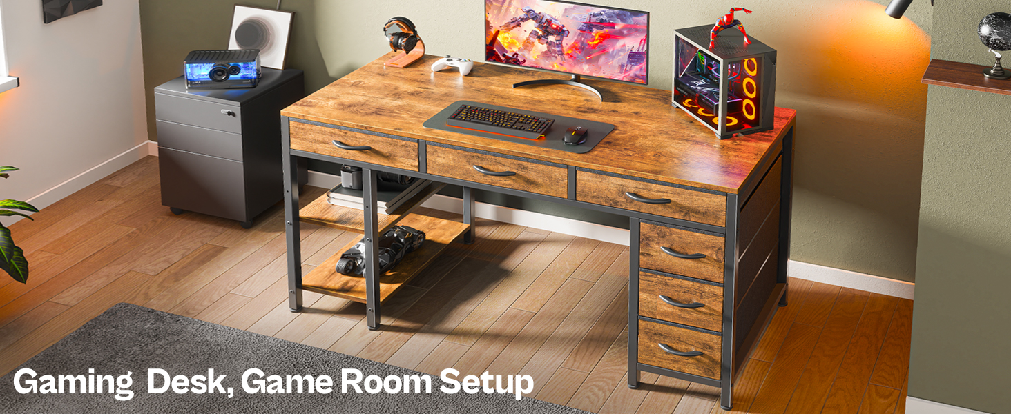 Desk with 6 Drawers, 47 Inch Office Desk with Shelves, Reversible Gaming Desk