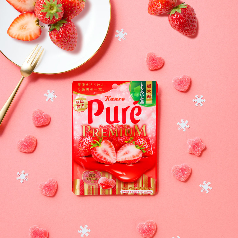 【日本直邮】 日本 KANRO PURE果肉果汁咀嚼弹力软糖 期间限定 草莓味 54g