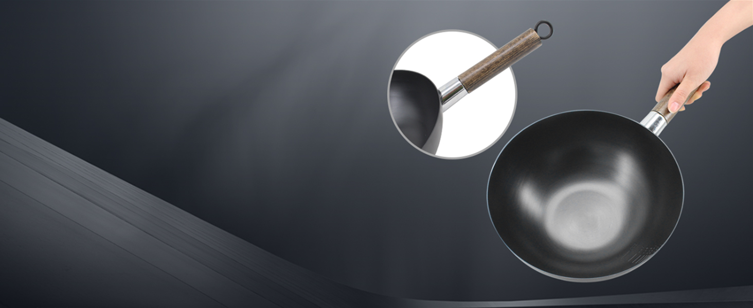 Non-Stick Cast Iron Wok Small Wok Pan with Iron Lid Wodden Handle, 9" Mini Wok