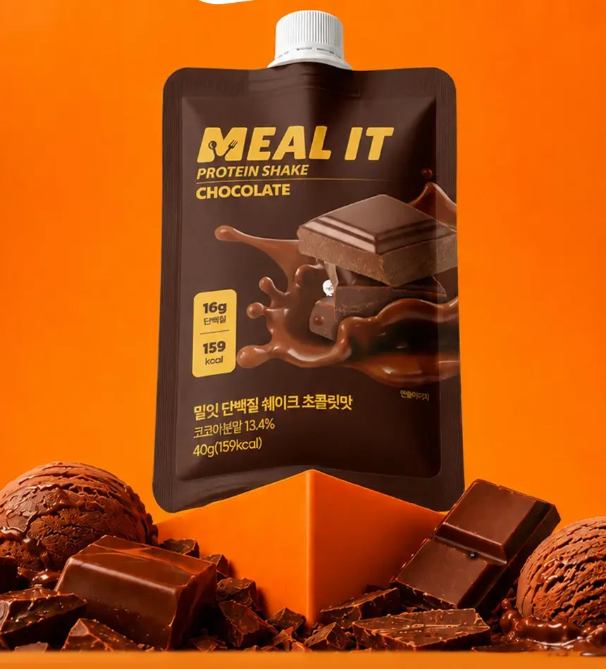 MEAL IT chocolate protein shake pouch with real cocoa and chocolate chunks