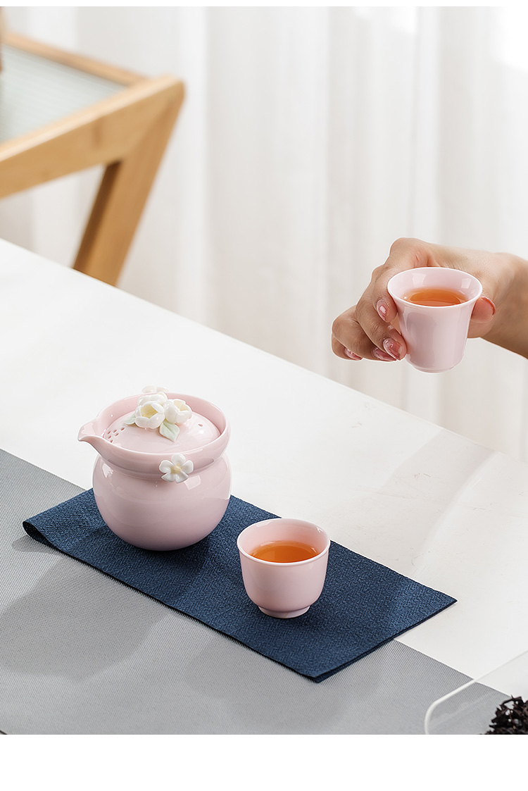 【中国直邮】一品仟堂 功夫茶具 陶瓷泡茶壶 快客杯 一壶+二杯+便携包+茶巾 粉色茉莉花