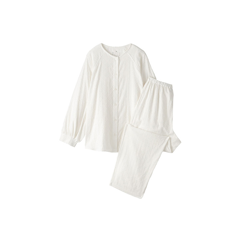 【Expédition directe du Japon】 Japon MUJI Pyjama long à manches longues en gaze double couche pour femme, 100% coton, avec jacquard à pois, vêtements de maison pour femme, blanc cassé, taille M, 1 ensemble