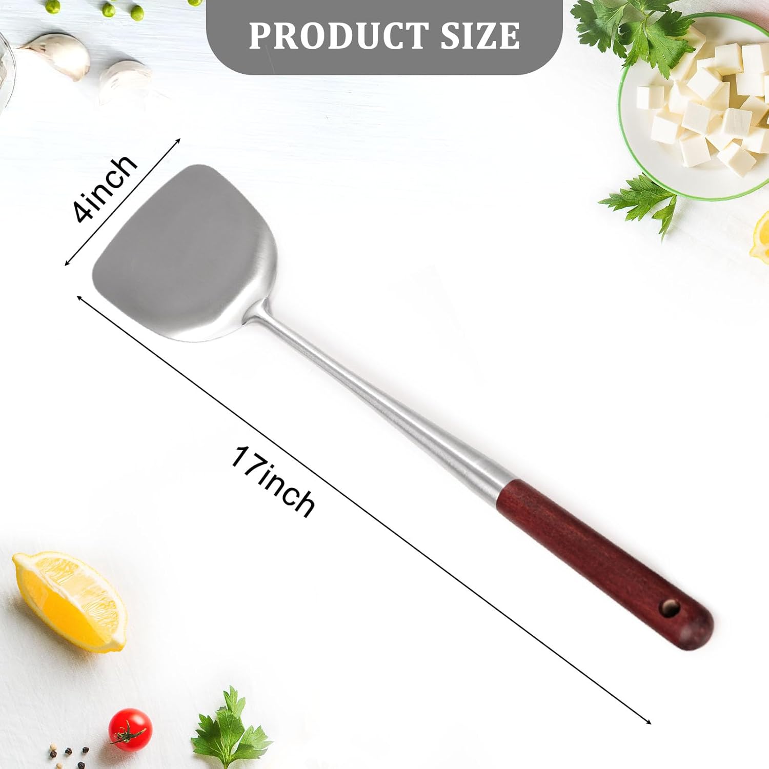 高品质炒锅铲带防烫木柄 不锈钢锅铲 烹饪铲 炒菜铲 炒锅铲木柄烹饪铲子 17英寸厨房用具,用于搅拌混合翻转烹饪