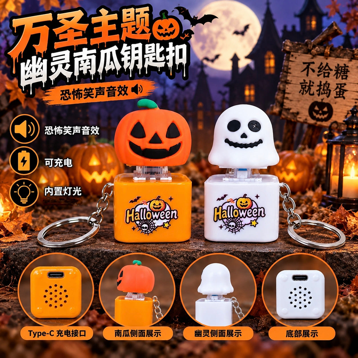 Halloween Pumpkin Ghost Light Sound Keychain Prank 2 each