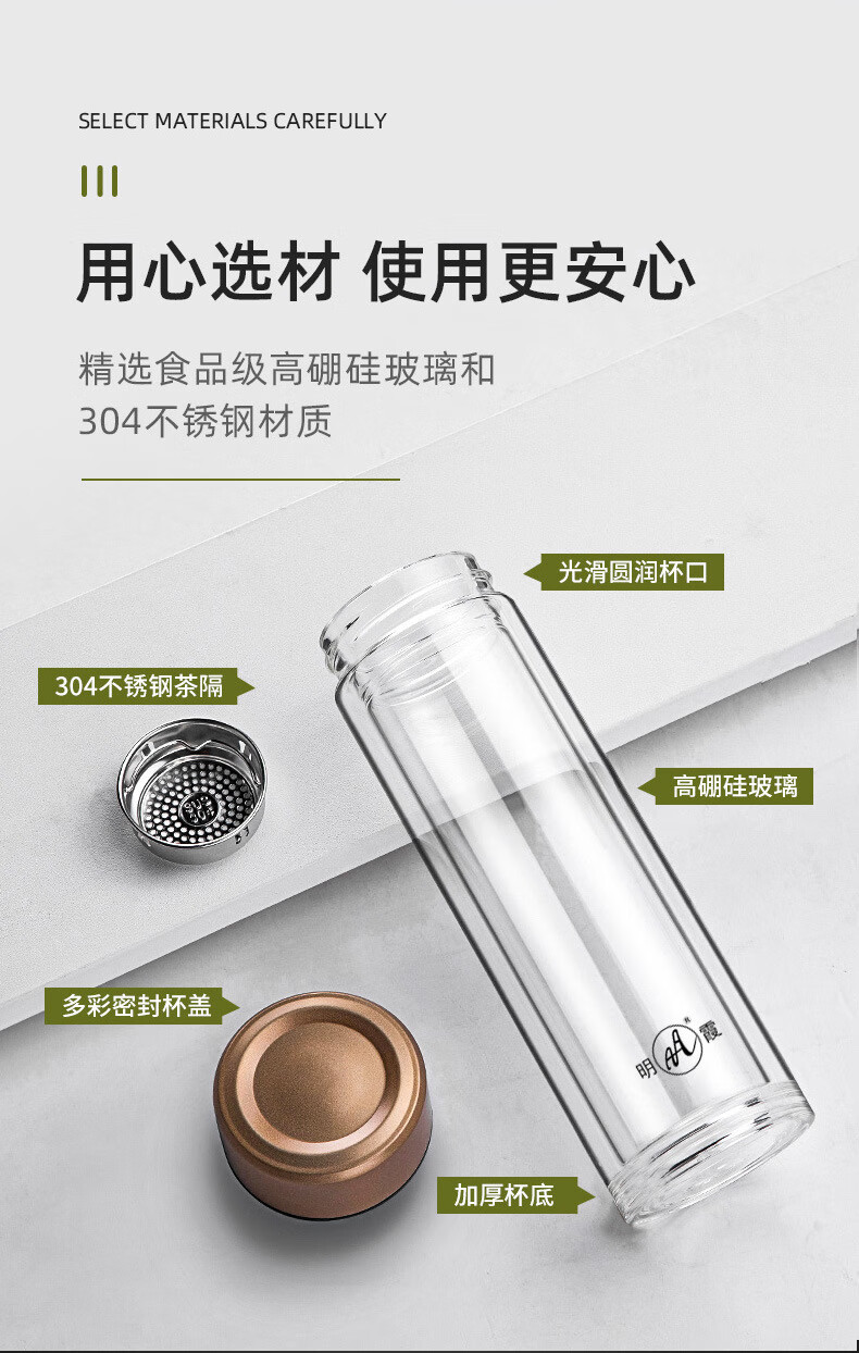明霞 雙層玻璃水杯便攜透明帶蓋耐高溫綠茶杯300ML