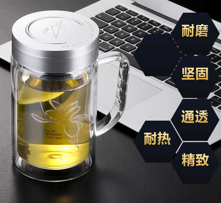 富光 健牌双层玻璃杯茶杯办公杯带把 大容量男女水杯子 525ml