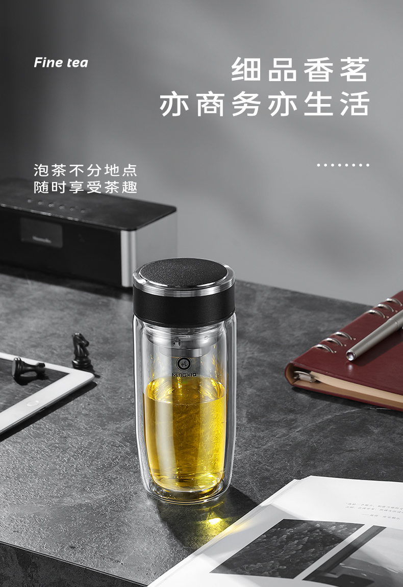 明霞 双层玻璃杯 隔热带盖加厚水杯子防烫耐高温泡茶杯 400ml
