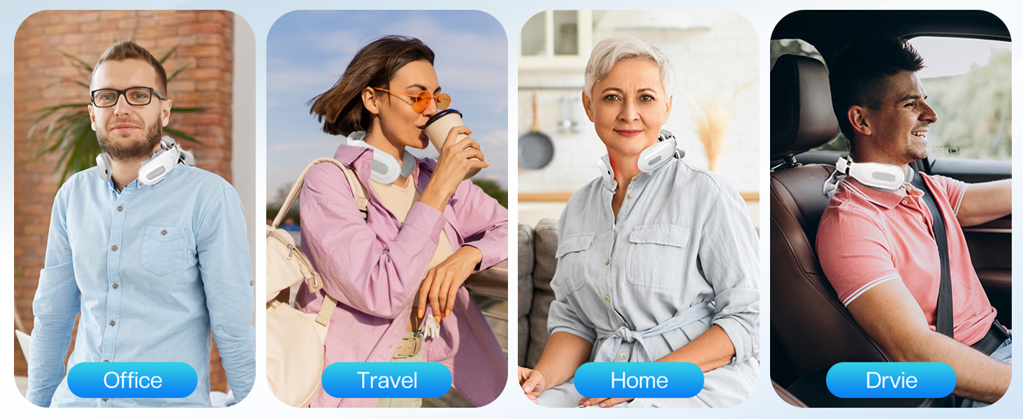 Four separate photographs showing individuals wearing blue shirts in different casual poses and settings.