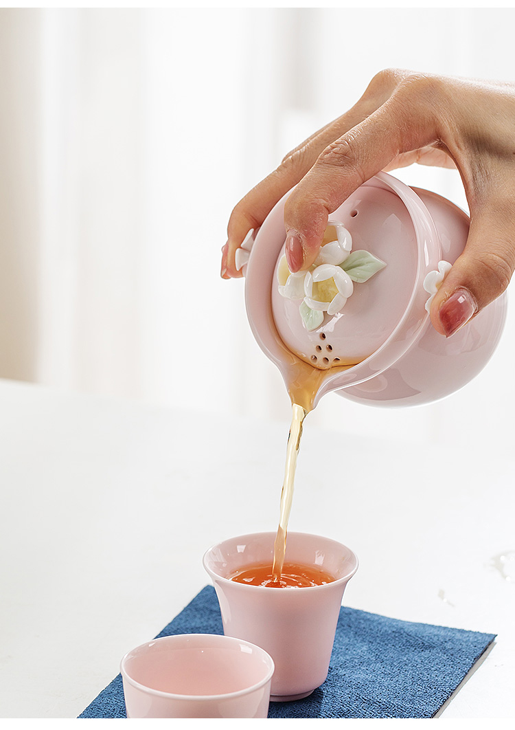 【中国直邮】一品仟堂 功夫茶具 陶瓷泡茶壶 快客杯 一壶+二杯+便携包+茶巾 粉色茉莉花
