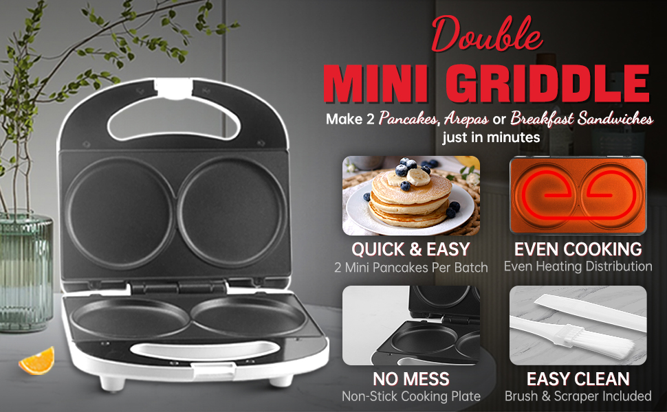 double mini griddle quick & easy, even cooking, no mess, easy clean