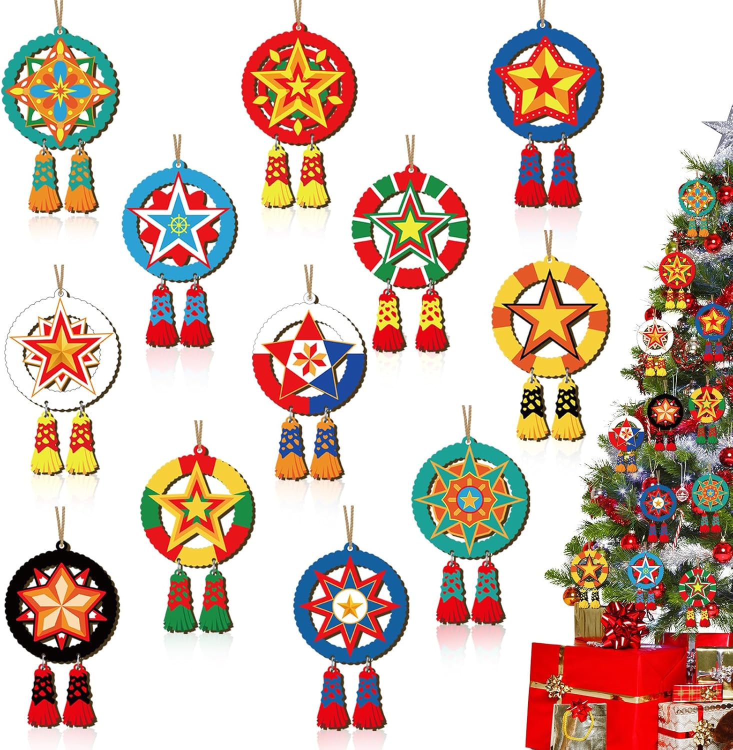 24件菲律宾圣诞装饰品传统卡皮兹星木吊坠圣诞礼传统卡皮兹星形圣诞树装饰礼品木制装饰品- 亚米, image size:1466x1500