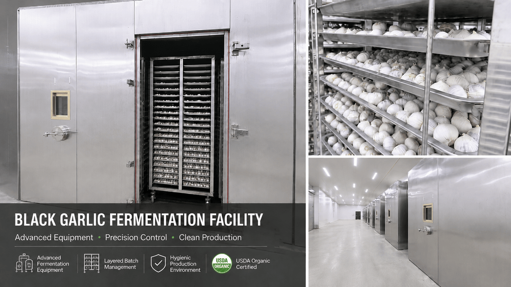 USDA Organic black garlic fermenting in stainless-steel fermentation chambers at a clean production facility.