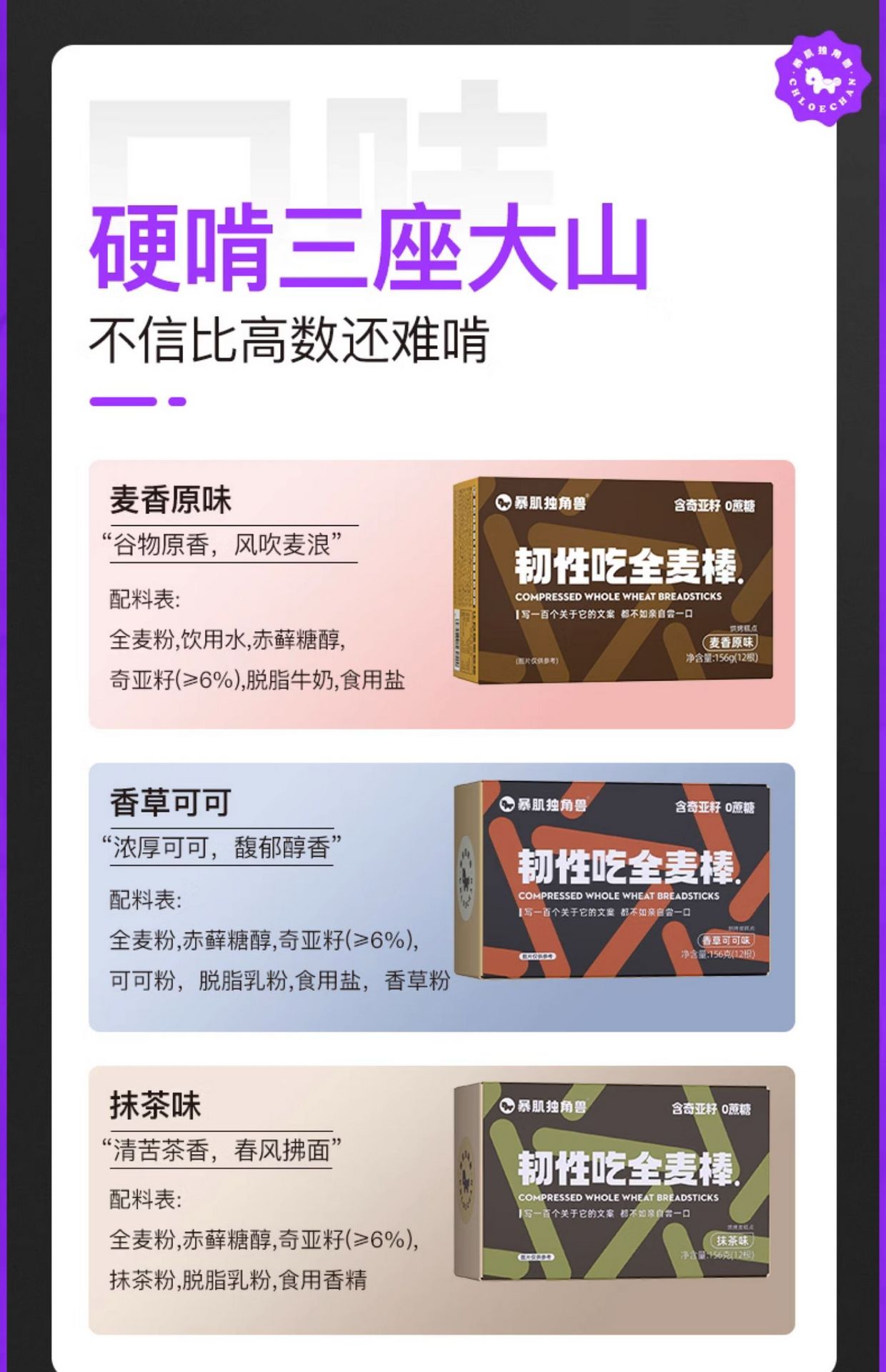 【美国现货速到】暴肌独角兽   韧性吃全麦棒  饼干 无糖  含奇亚籽  麦香原味  156g/盒