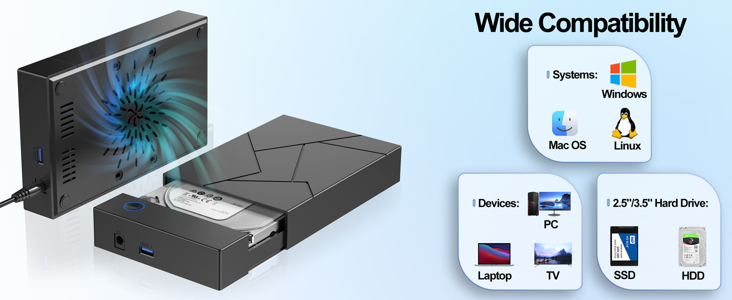 USB 3.0 to 2.5 3.5 Inch SATA SSD HDD up to 8TB Multi Hard Drive Case with 12V Power Adapter Supply