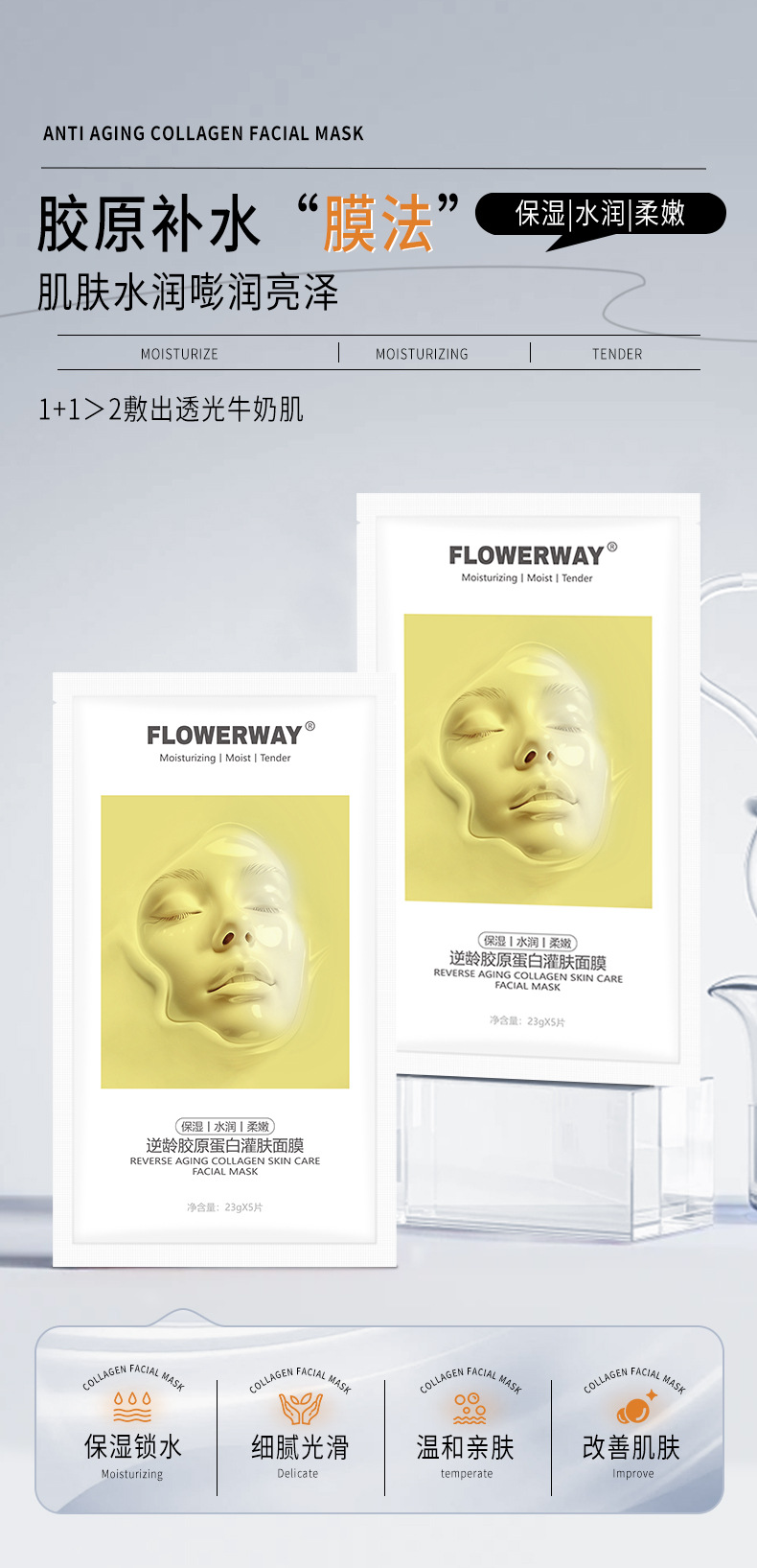 FLOWERWAY 【抖音韦雪同款】逆龄胶原蛋白灌肤面膜 5片