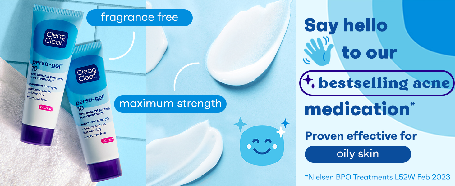 Light blue tile  with 2 persagel acne medication tubes, maximum strength and fragrance free