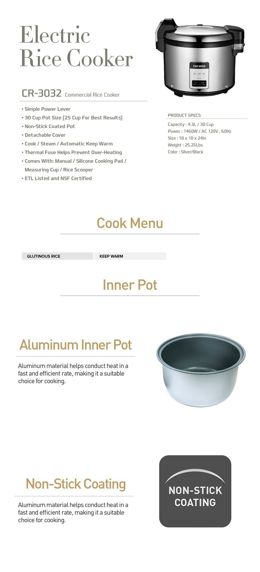 Electric rice cooker, Commercial rice cooker, Aluminum inner pot that helps conduct heat in a fast and efficient rate