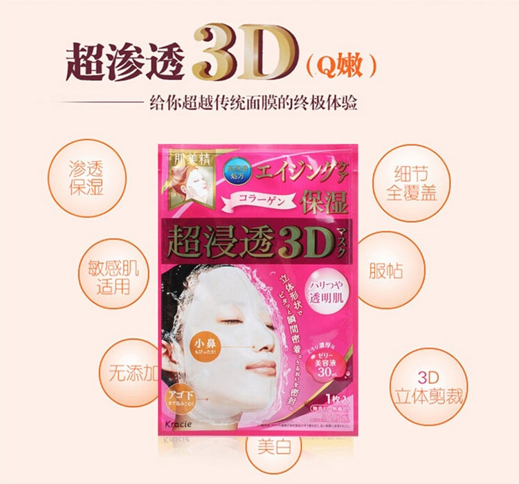 [日本直邮]  嘉娜宝 KRACIE 肌美精 深层抗皱3D 超保湿浸透 美白补水面膜 4枚 粉色