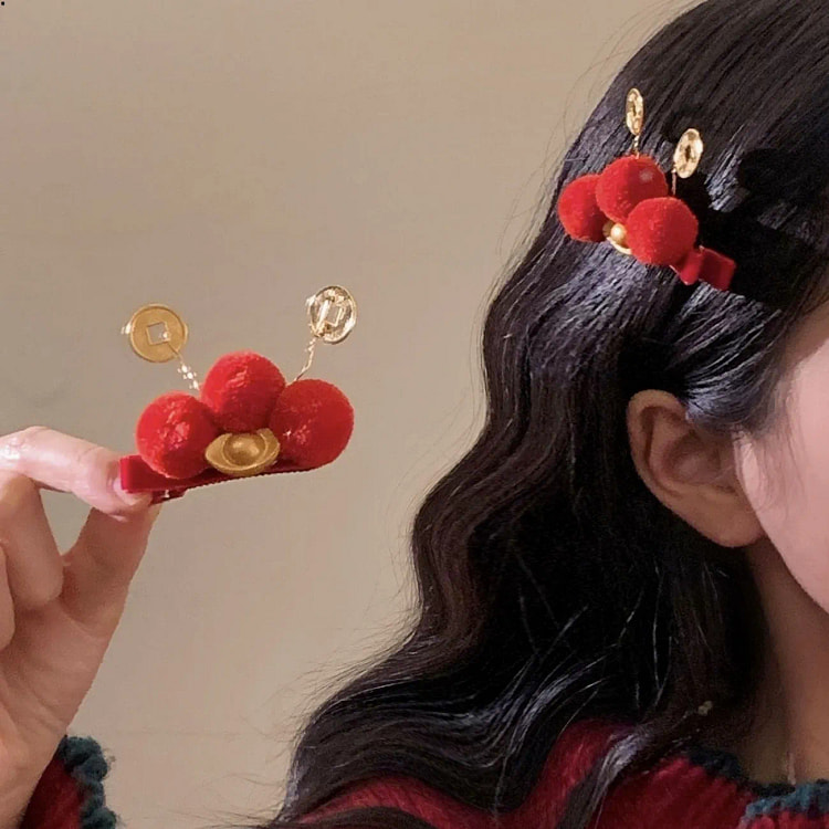 新年发夹招财红毛球铜钱元宝发饰 1 箱