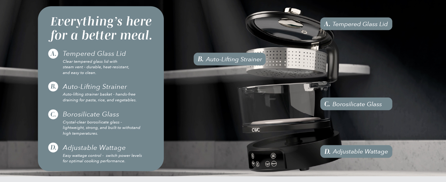 Tempered Glass Lid, Auto-Lifting Strainer, Borosilicate Glass, Adjustable Wattage
